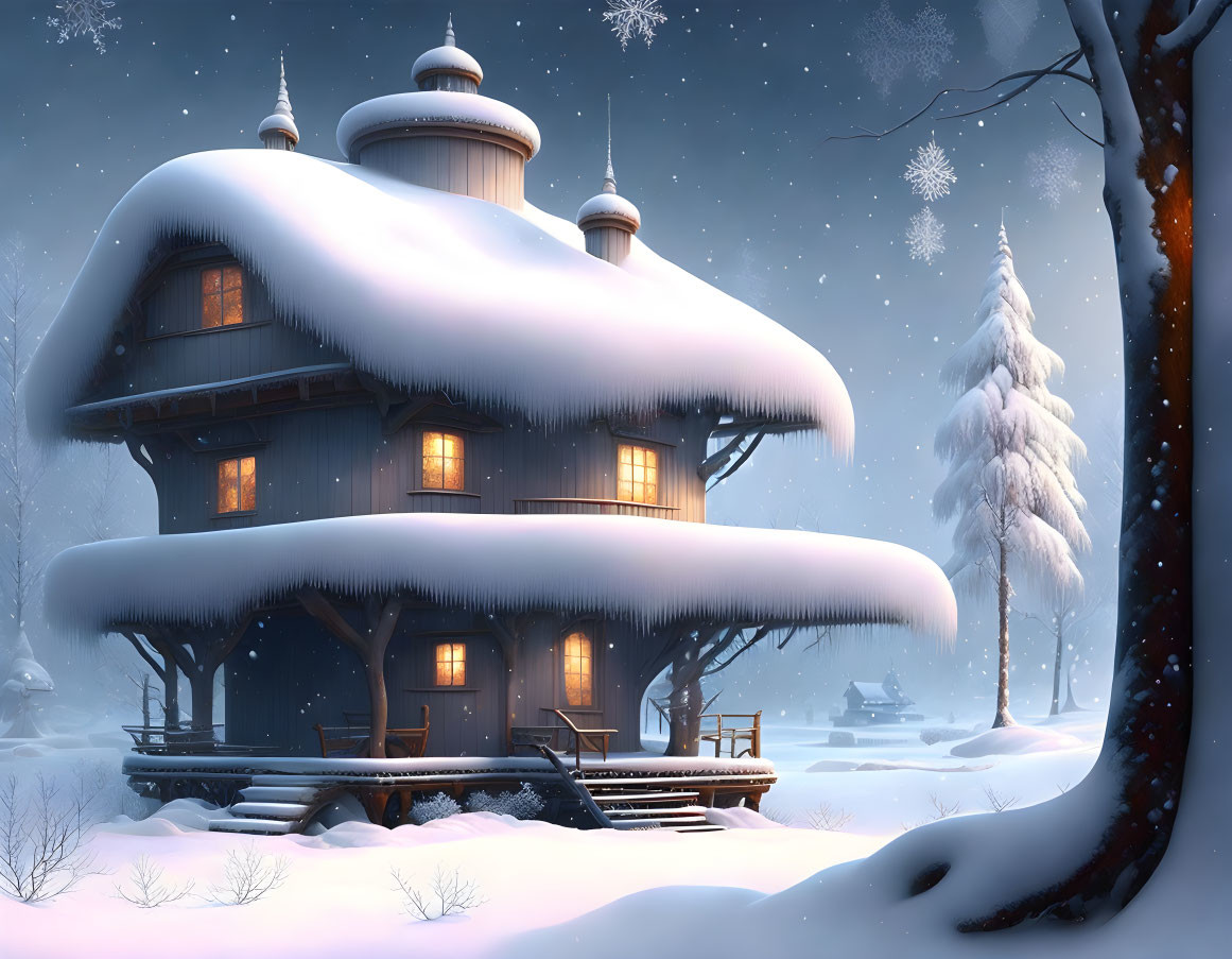 Snow-covered multi-story house with warm lights in tranquil winter landscape
