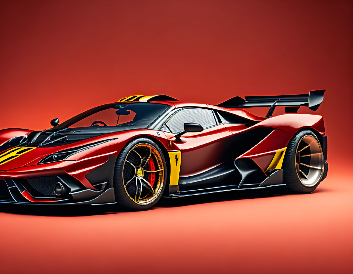 Red and Black Racing Car with Yellow Accents on Red Background