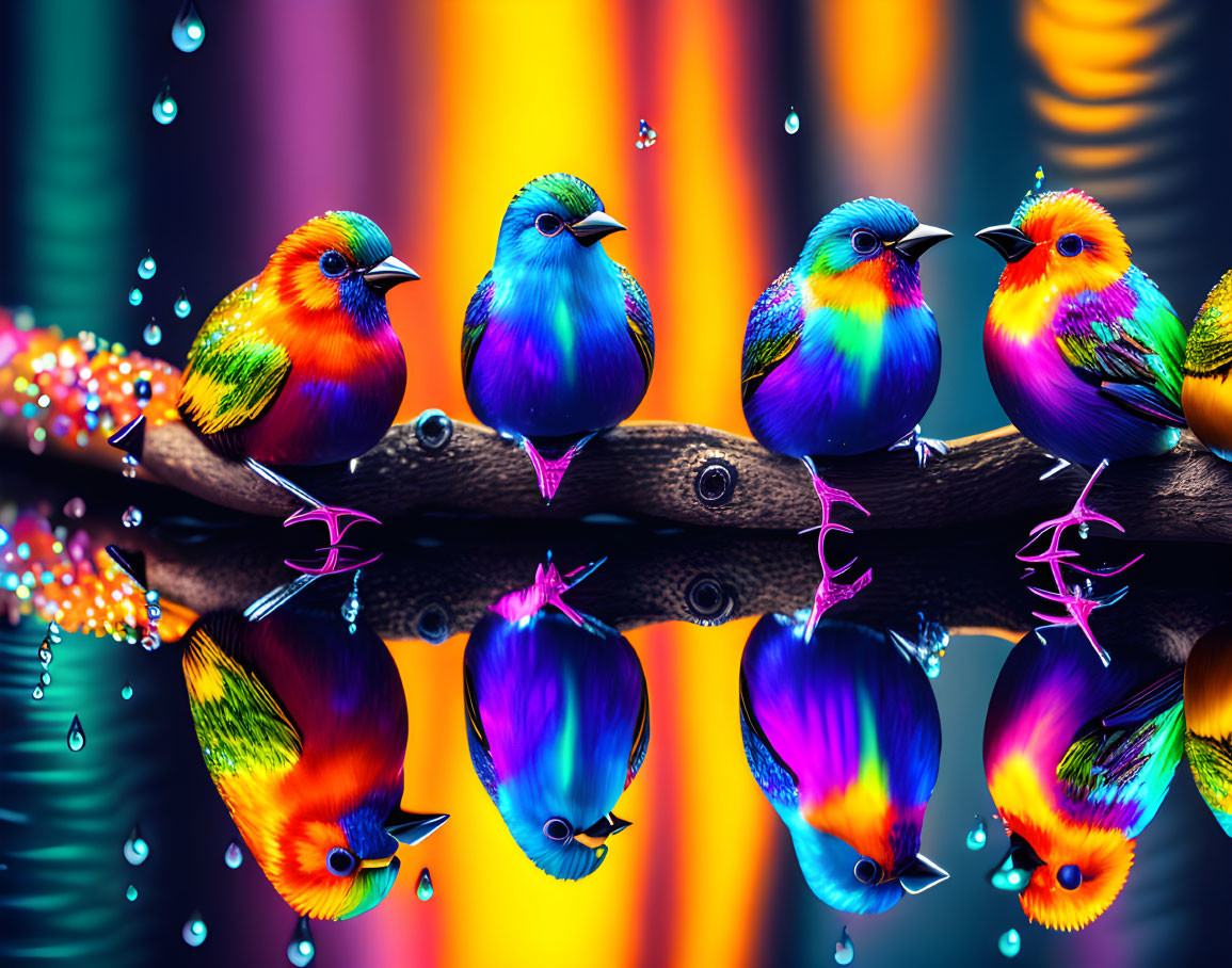 Colorful Birds Perched on Branch with Reflective Water Surface