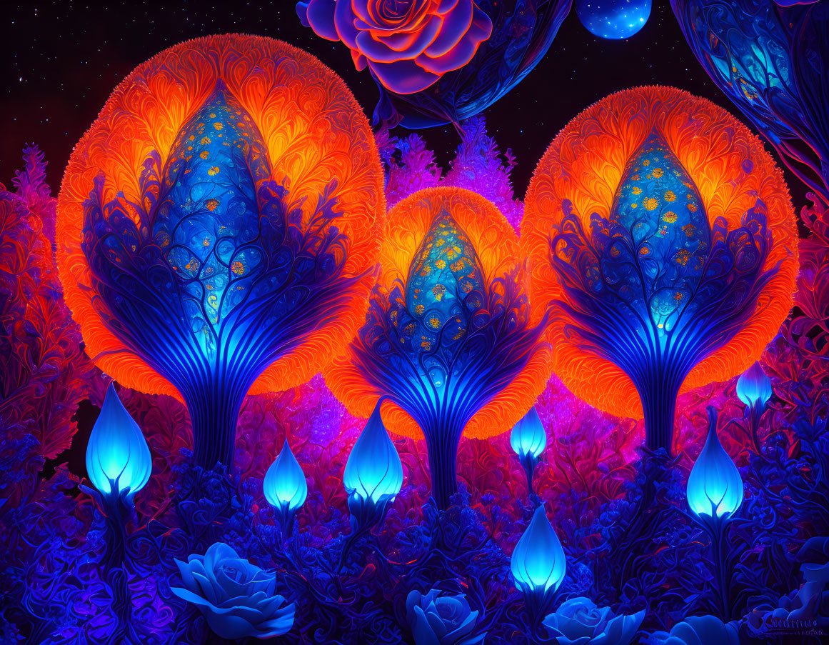Colorful surreal artwork: Glowing tree-like structures in blue and orange on dark floral background