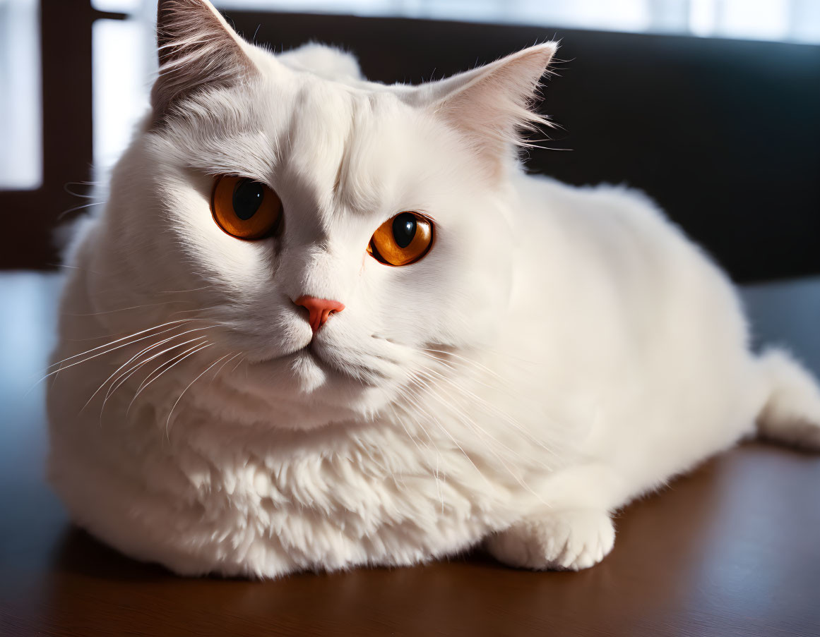 Fluffy white cat with orange eyes on wooden surface