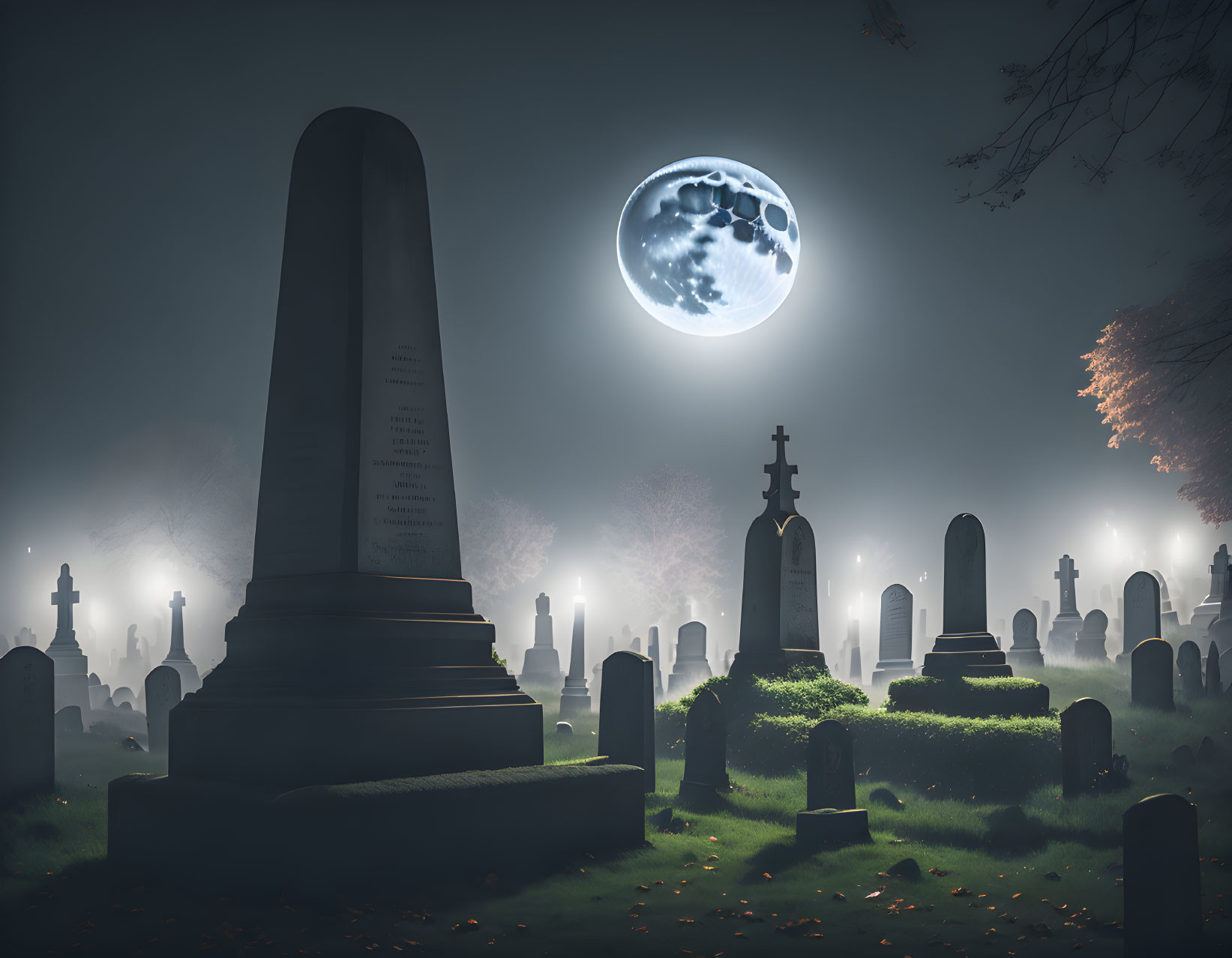 Ethereal moonlit cemetery with obelisk and tombstones