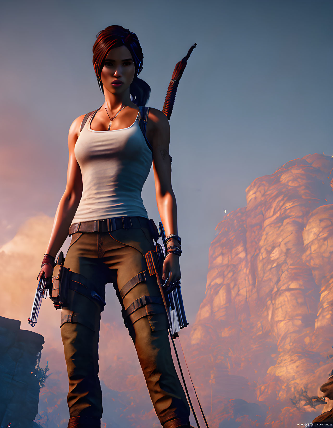 Female character with red hair in tank top and cargo pants, armed, against rocky sunset.