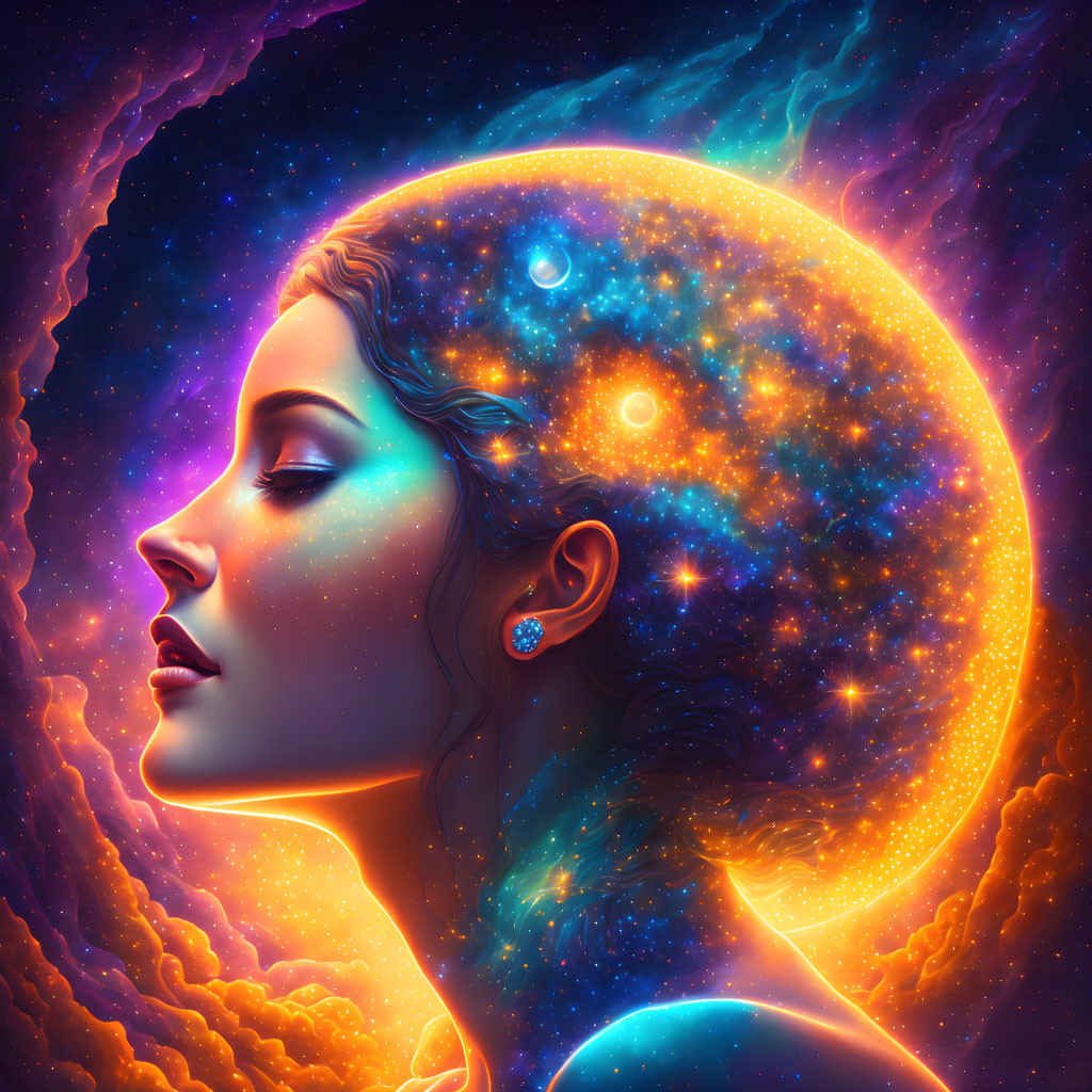 Colorful digital artwork: Woman with cosmic patterns in starry space.