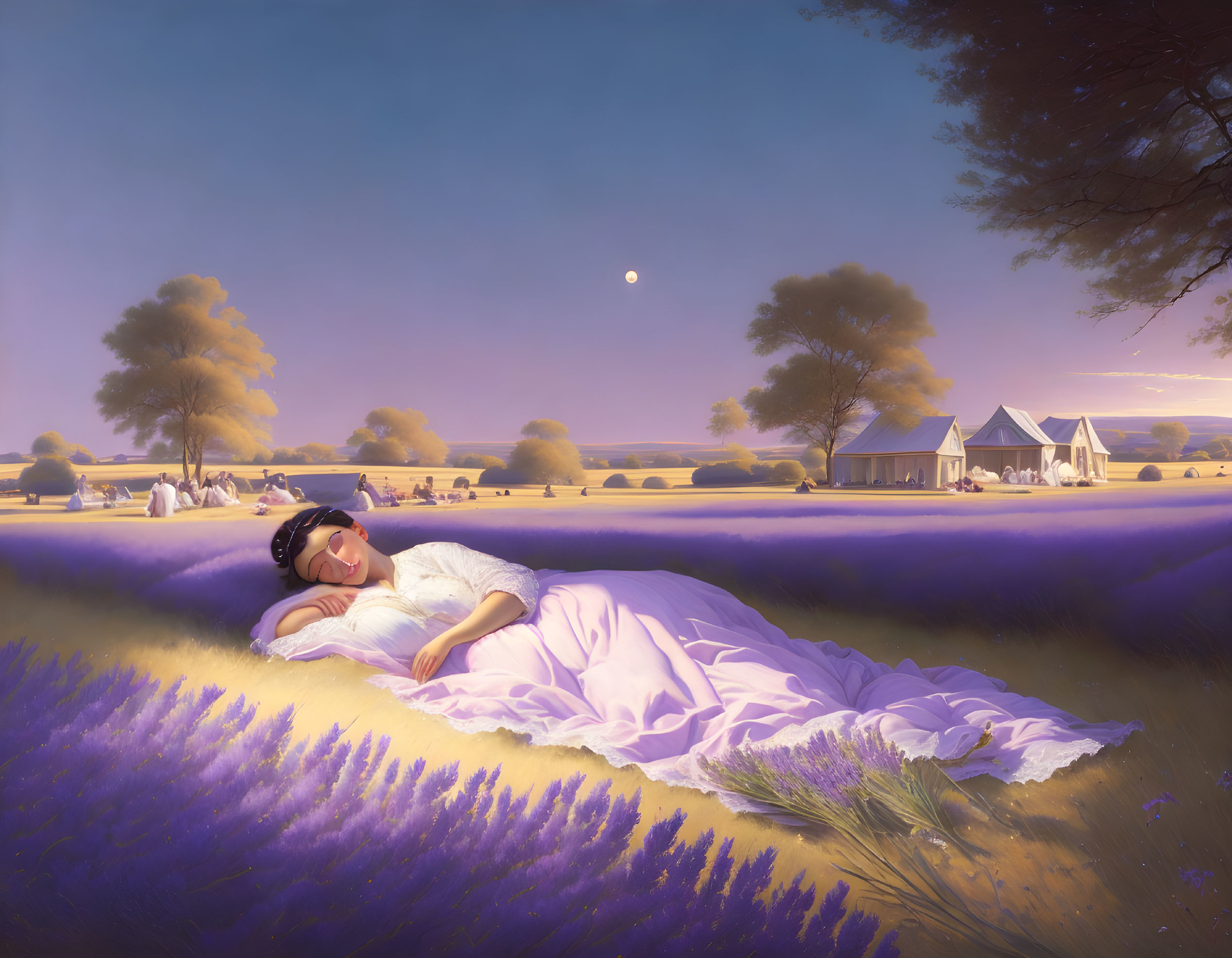 Woman reclining in lavender field at dusk with farmhouse, trees, and moonlit sky
