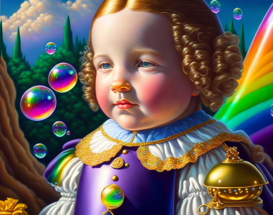 Child with Curly Hair in Purple Outfit Surrounded by Bubbles and Rainbow