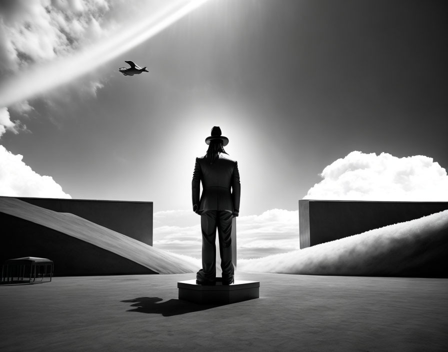 Man in Hat Silhouette Facing Light Beam and Plane in Architectural Setting