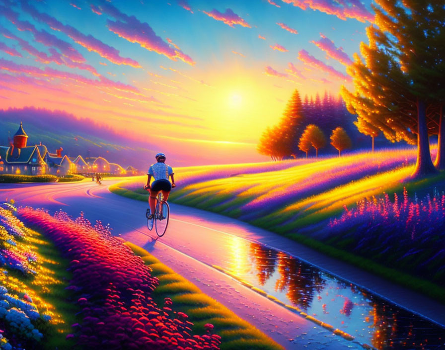 Cyclist on Canal Path with Vibrant Flowers at Sunset