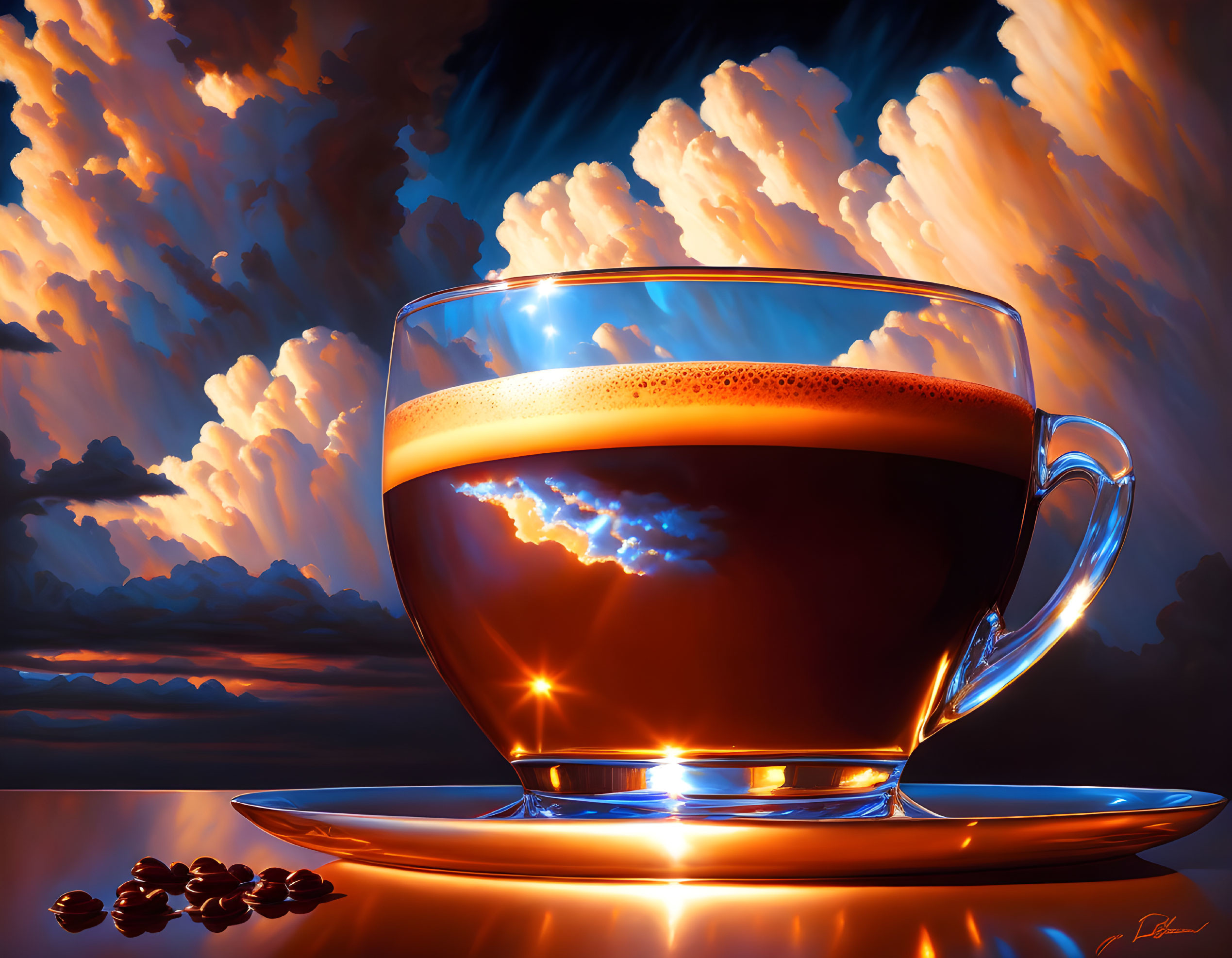Digital artwork: Oversized coffee cup with sunset sky reflection, clouds, coffee beans, and radiant light