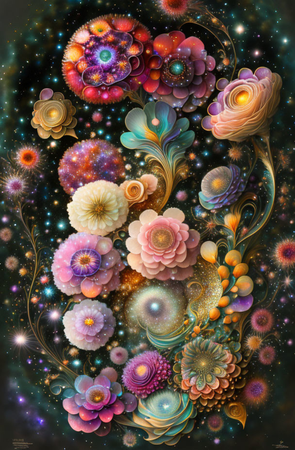 Colorful cosmic flowers in digital art against starry backdrop