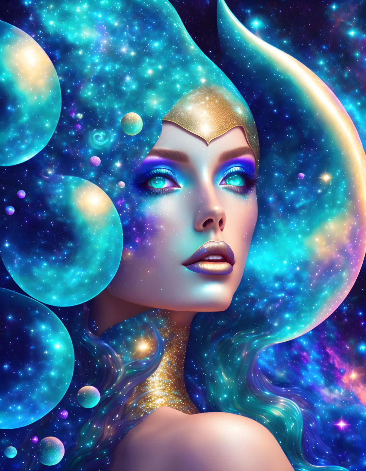 Cosmic-themed woman portrait with space makeup and headdress