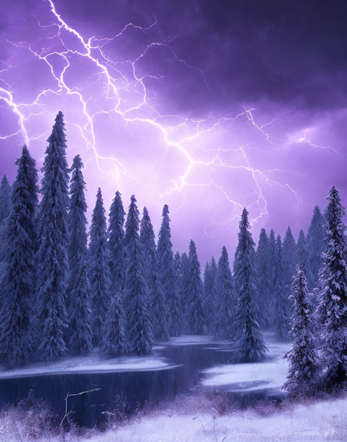 Purple lightning storm over snowy pine forest and lake at twilight