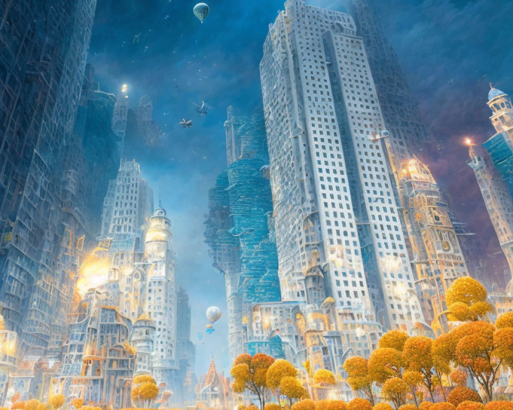 Futuristic overgrown cityscape with green pathway, orange trees, and hot air balloons at night