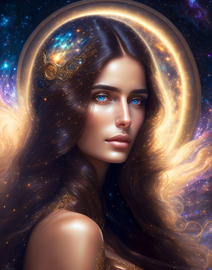 Cosmic-themed digital artwork of a woman with golden halo and vibrant blue eyes