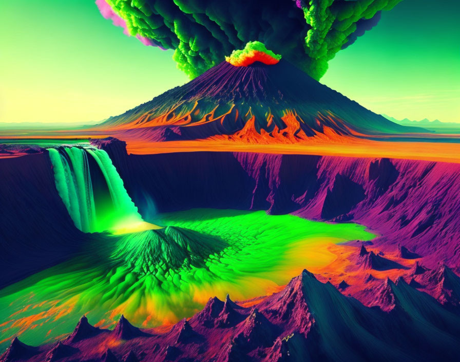 Vivid Surreal Landscape with Erupting Volcano & Fluorescent Waterfall