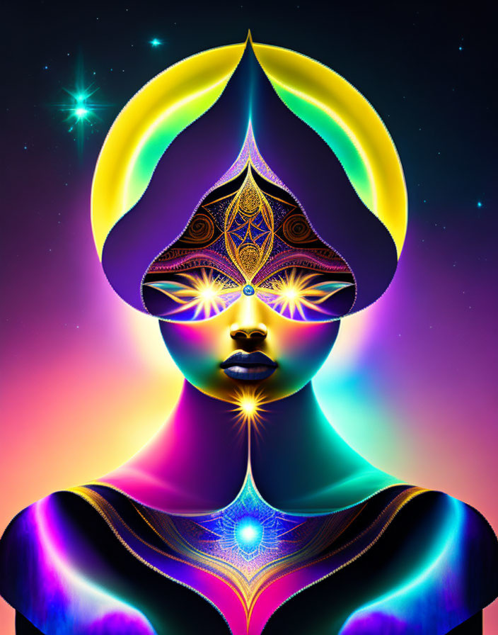 Mystical female figure with luminous eyes in cosmic digital art