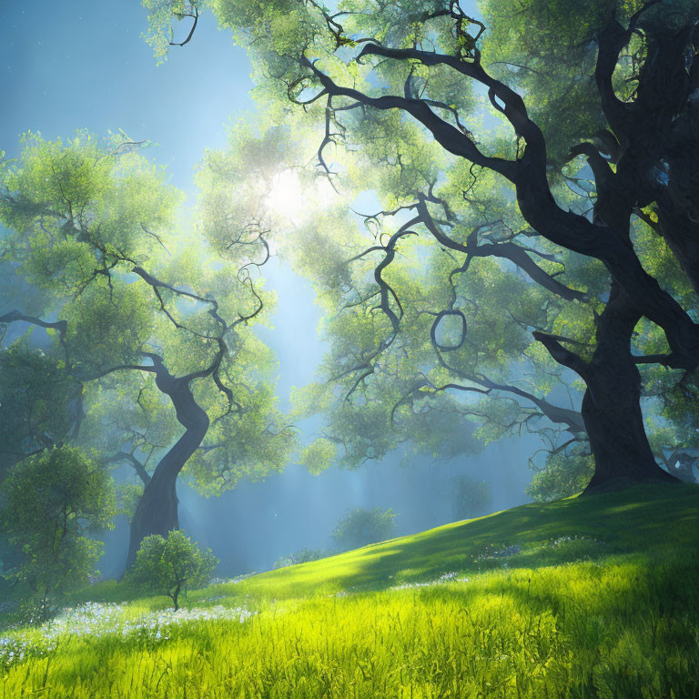 Tranquil Green Forest with Sunlight Filtering Through Majestic Trees