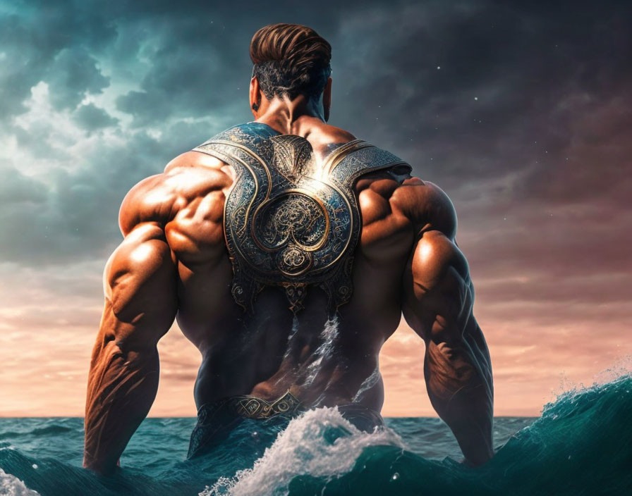 Muscular man in ornate armor gazes at stormy sea.