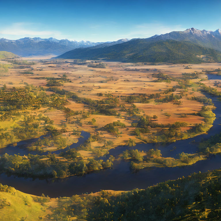 Panoramic View of Meandering River in Sunlit Valley
