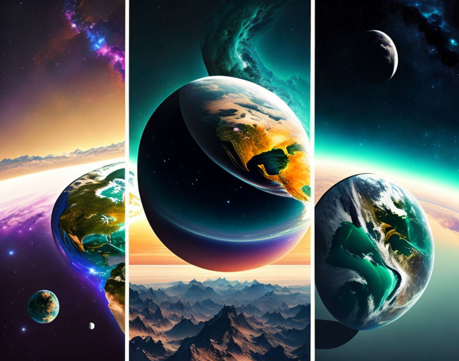 Vivid surreal space scenes of Earth-like planets in triptych