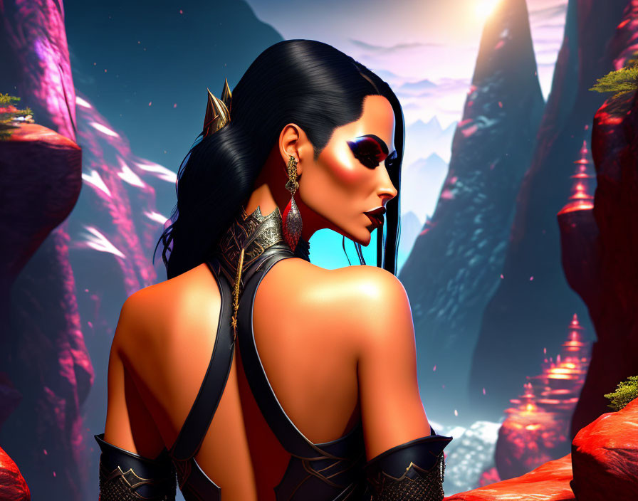 Stylized woman with pointed ears and futuristic sunglasses in fantasy landscape
