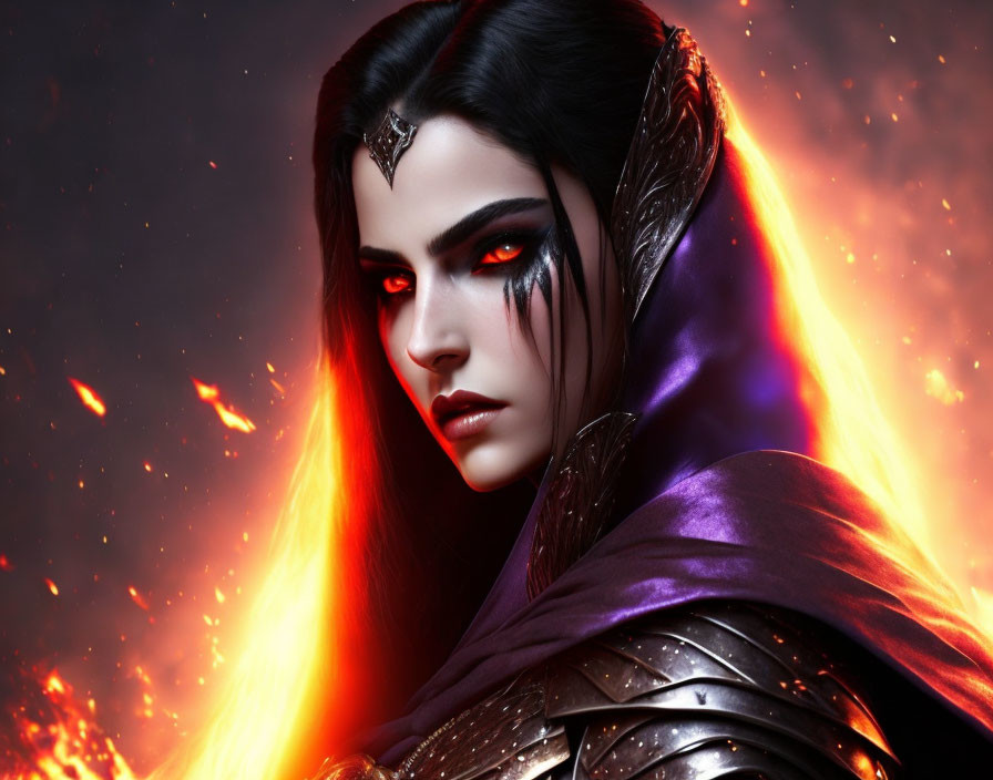 Fantasy Female Character with Red Eyes and Dark Armor