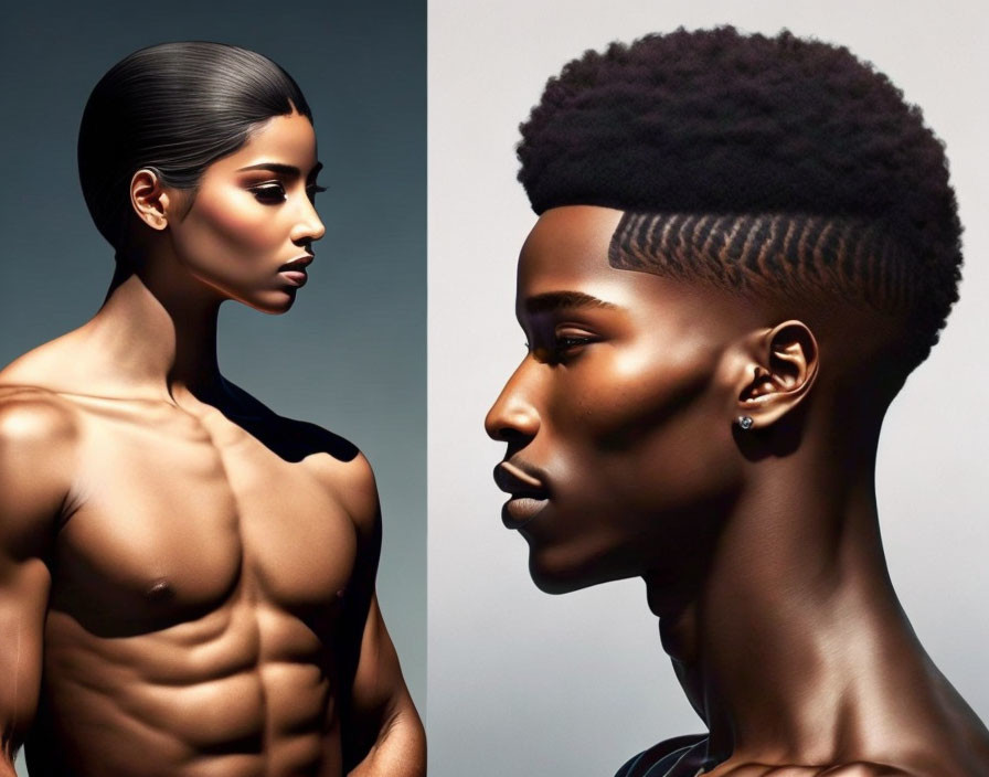 Muscular woman and man with high-top fade in profile against grey background