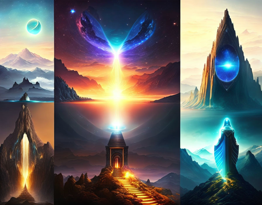 Fantasy Landscapes Collage with Celestial Bodies and Glowing Monuments
