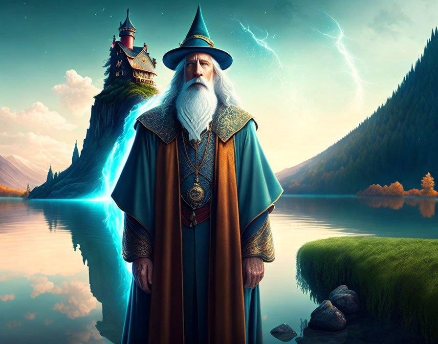 Wizard with long white beard and staff in front of castle on cliff with lightning landscape