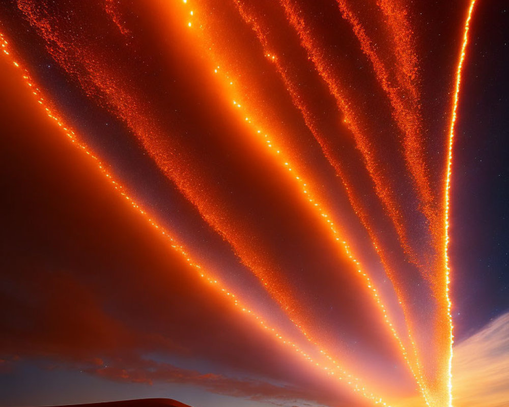 Vibrant diagonal streaks of light in fiery sky over desert dune
