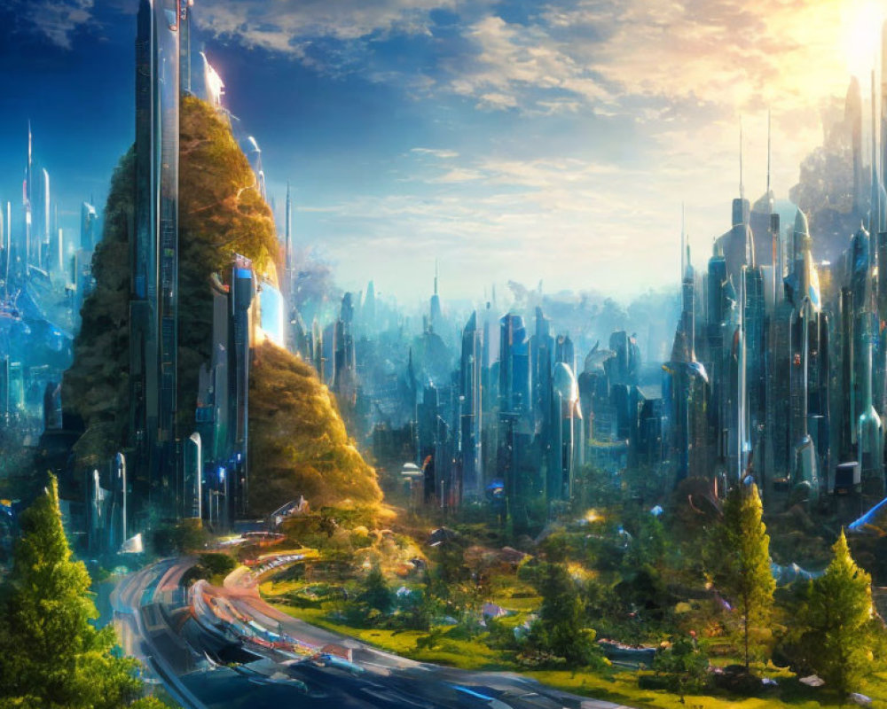 Futuristic cityscape with skyscrapers and greenery under sunny sky
