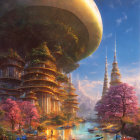 Futuristic cityscape with pagoda-style buildings in lush greenery under a massive moon.