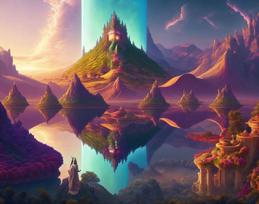 Fantasy landscape with cloaked figure and magical castle on floating island