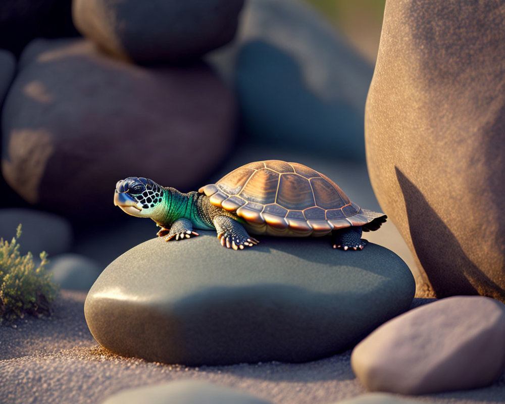 Detailed Toy Turtle Resting on Smooth Rock in Softly Lit Setting