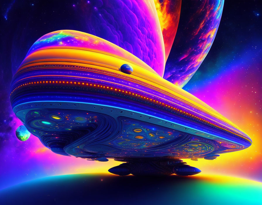 Colorful UFO Artwork Against Neon Cosmic Backdrop