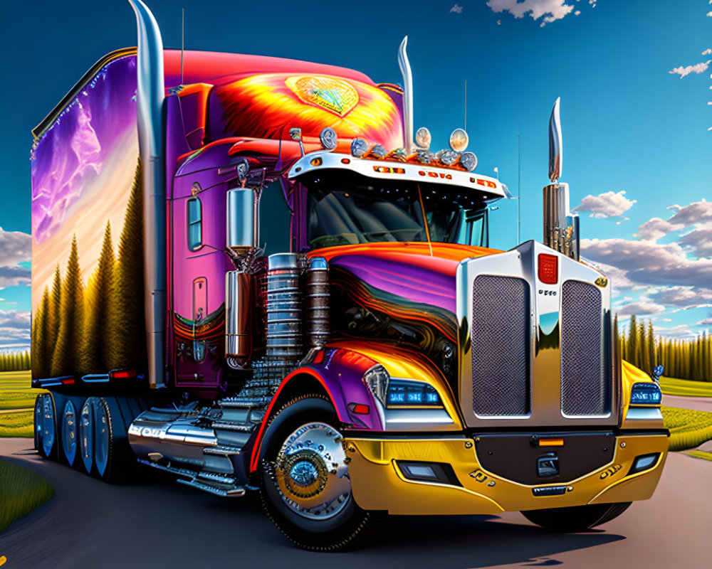 Colorful Psychedelic Design on Semi-Truck Trailer with Golden Cab