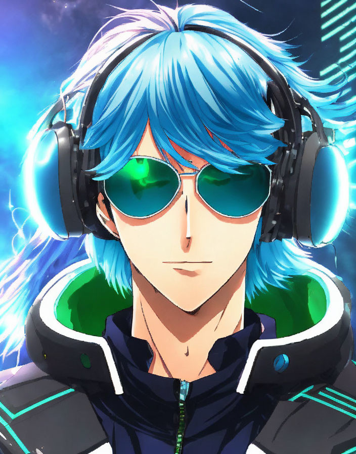 Blue-haired male character with green sunglasses and headphones in neon digital setting