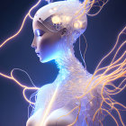 Futuristic humanoid with transparent skin and glowing neural pathways.