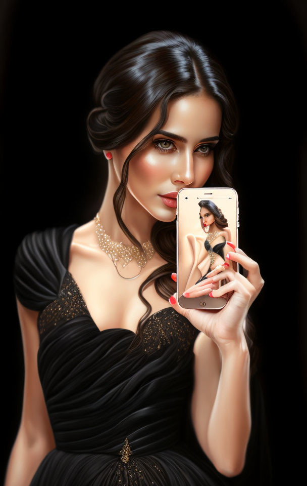 Illustrated woman in black dress taking a selfie with mirrored phone case