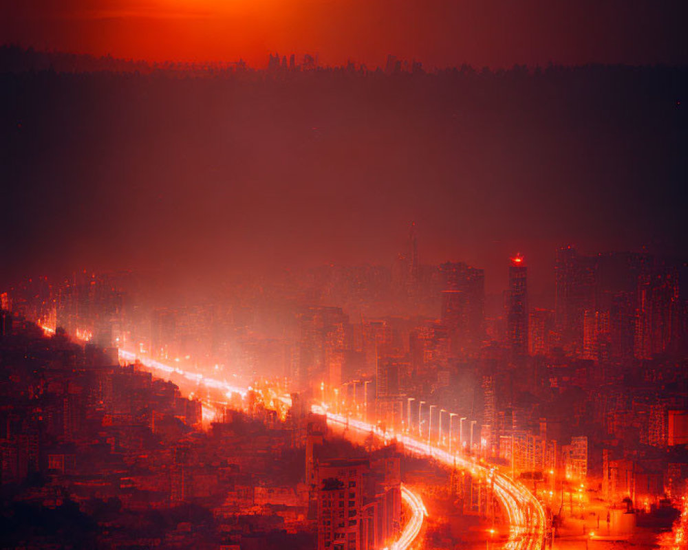 Nocturnal cityscape with red moon over illuminated streets