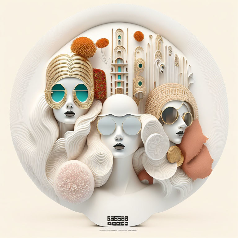 Stylized female faces with diverse sunglasses and headgear in circular architectural design.