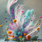 Colorful digital artwork: stylized flowers, feathers, vibrant mix of colors, floating particles, soft