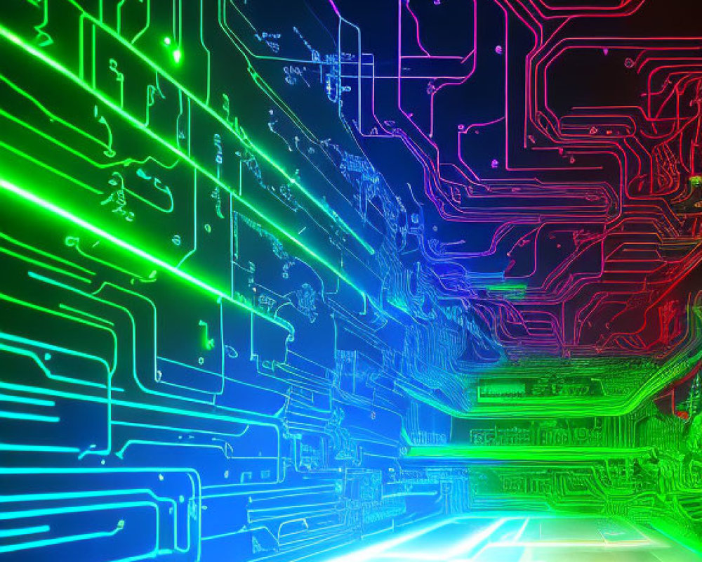 Neon-colored circuit board patterns in vibrant digital artwork