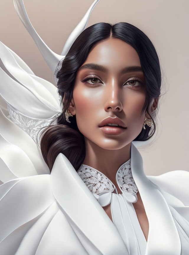 Detailed illustration of woman in elegant white attire with wings and serene expression