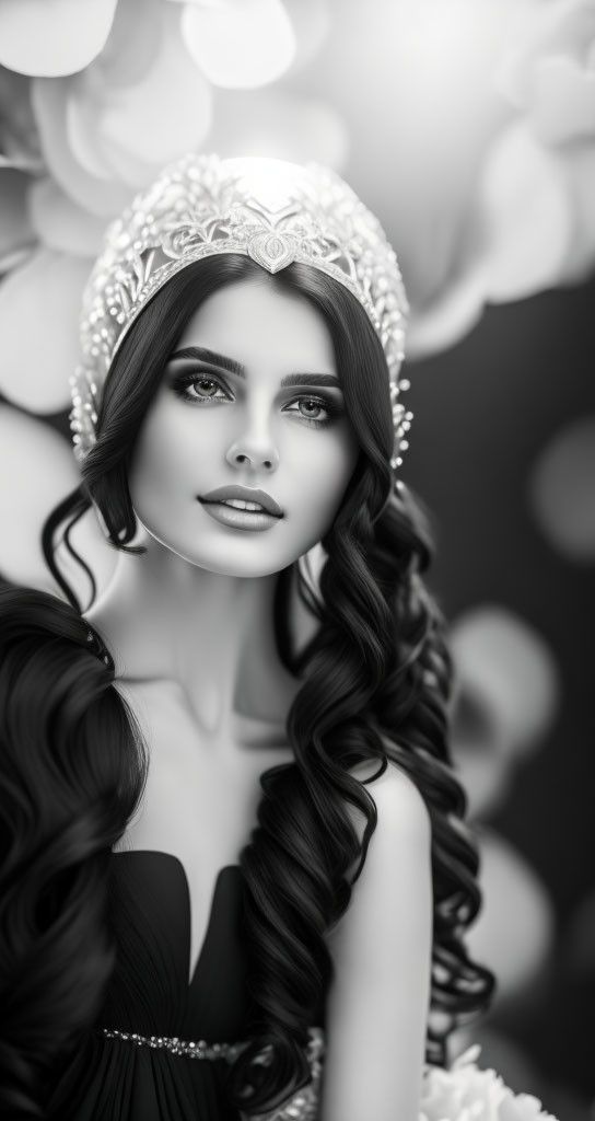 Monochrome portrait of woman with tiara and off-shoulder dress