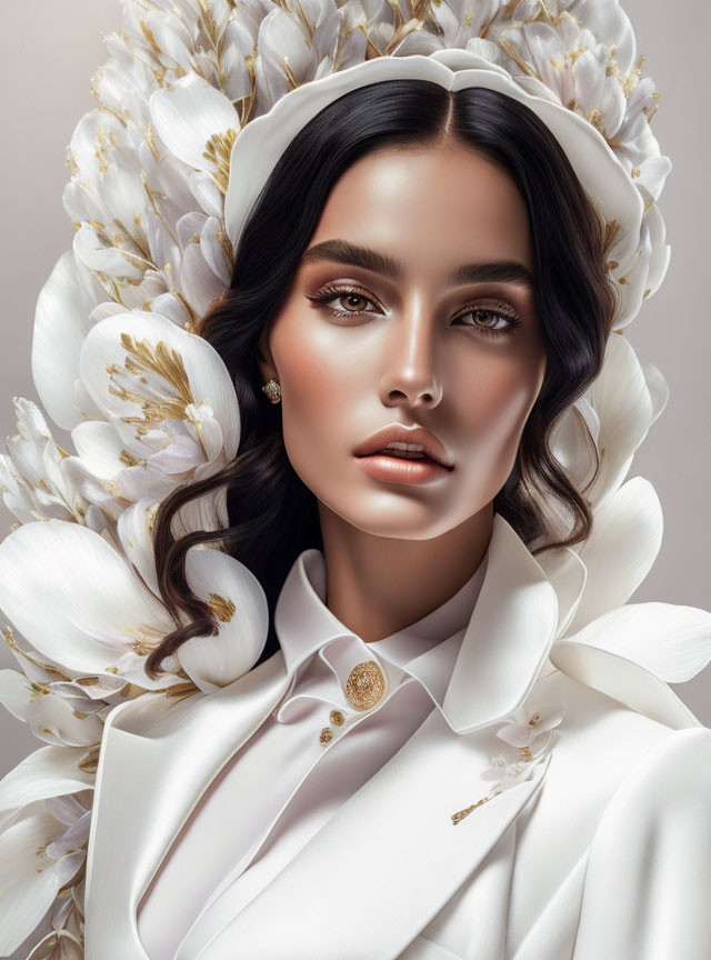 Dark-haired woman in white outfit with flowers, fair skin and makeup.