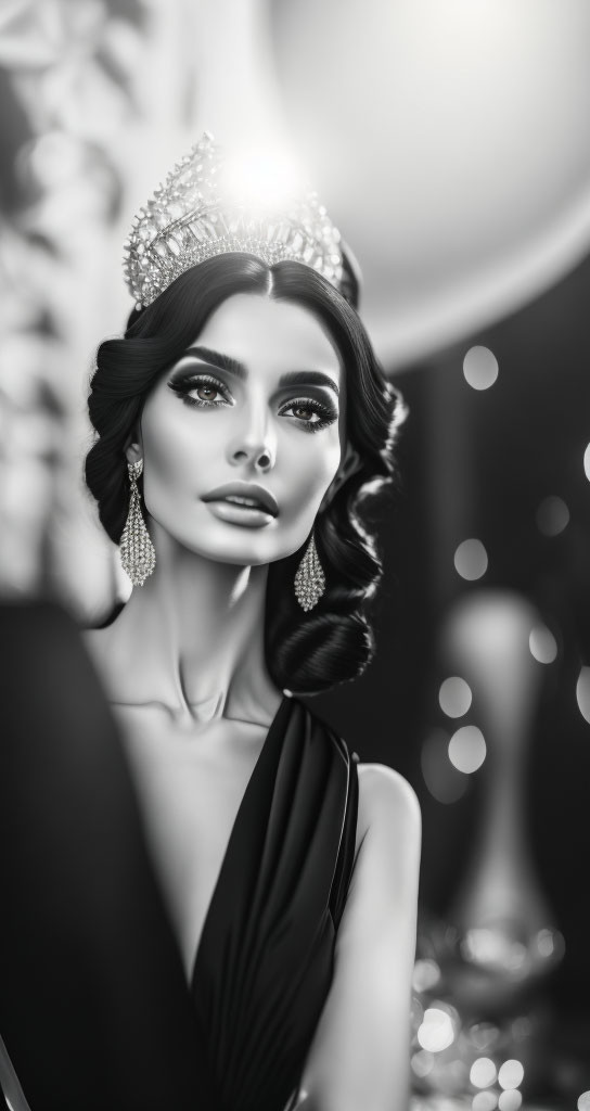 Regal woman in crown and evening gown with glamorous makeup and earrings in monochromatic setting