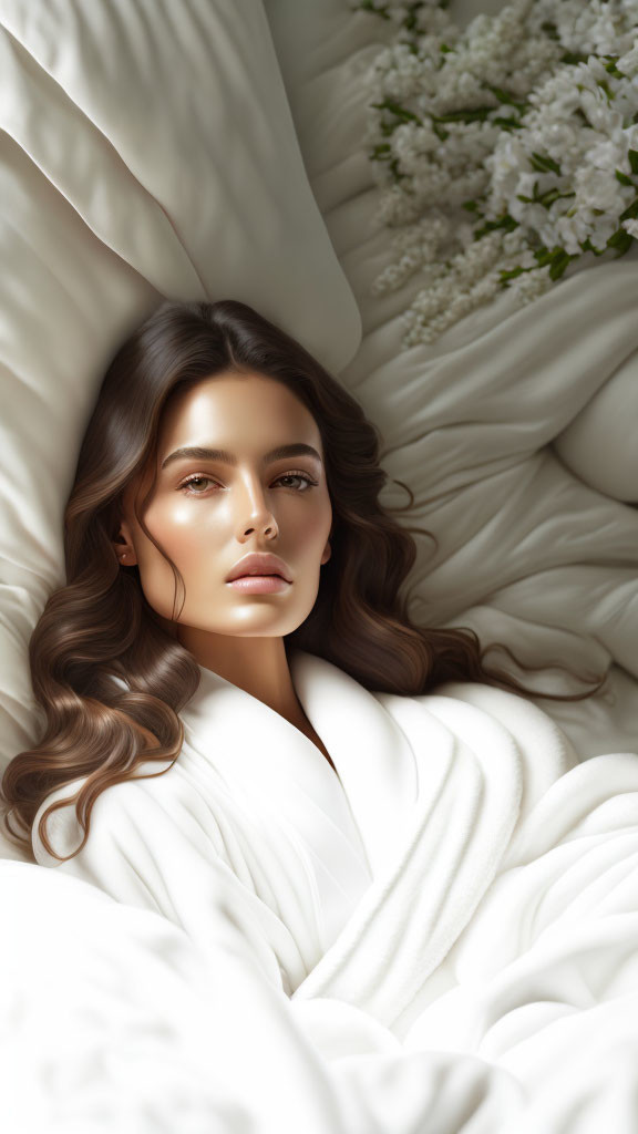 Woman with wavy brown hair in white robe on bed with white linens and bouquet.