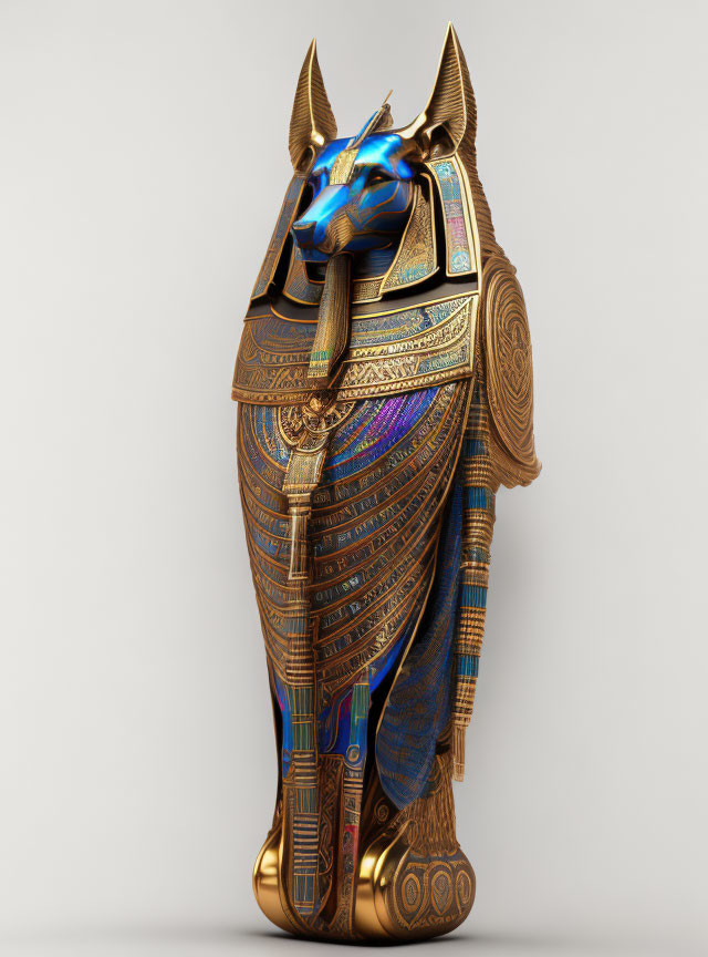 Detailed 3D Render of Egyptian Anubis Statue with Golden, Blue, and Multicolored