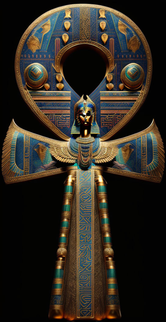 Golden Egyptian Ankh with Pharaoh's head, hieroglyphs, wing-like arms on black